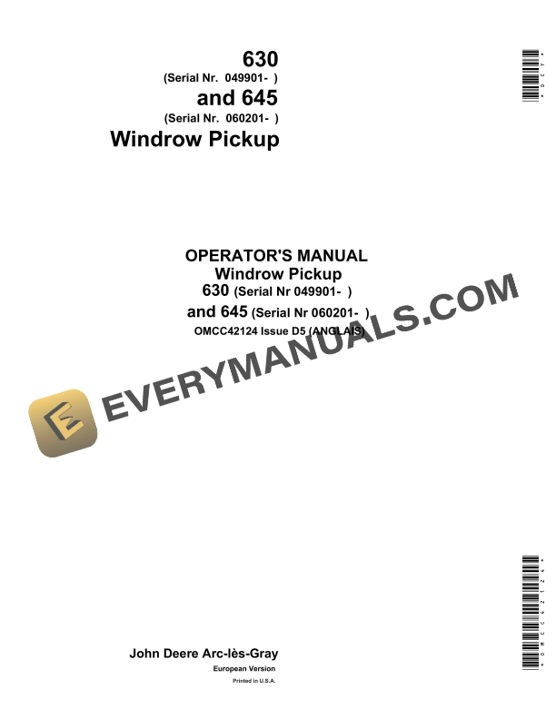 John Deere 630, 645 Windrow Pickup Operator Manual OMCC42124