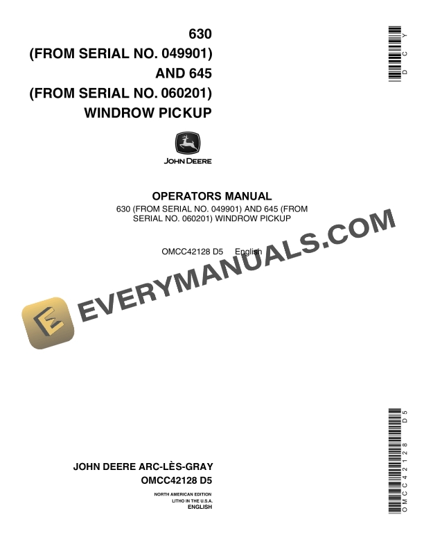 John Deere 630, 645 Windrow Pickup Operator Manual OMCC42128