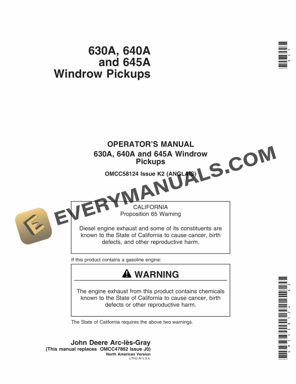 John Deere 630A 640A and 645A Windrow Pickup Operator Manual OMCC58124 1