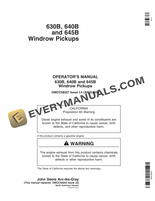 John Deere 630B 640B and 645B Windrow Pickup Operator Manual OMCC58327 1
