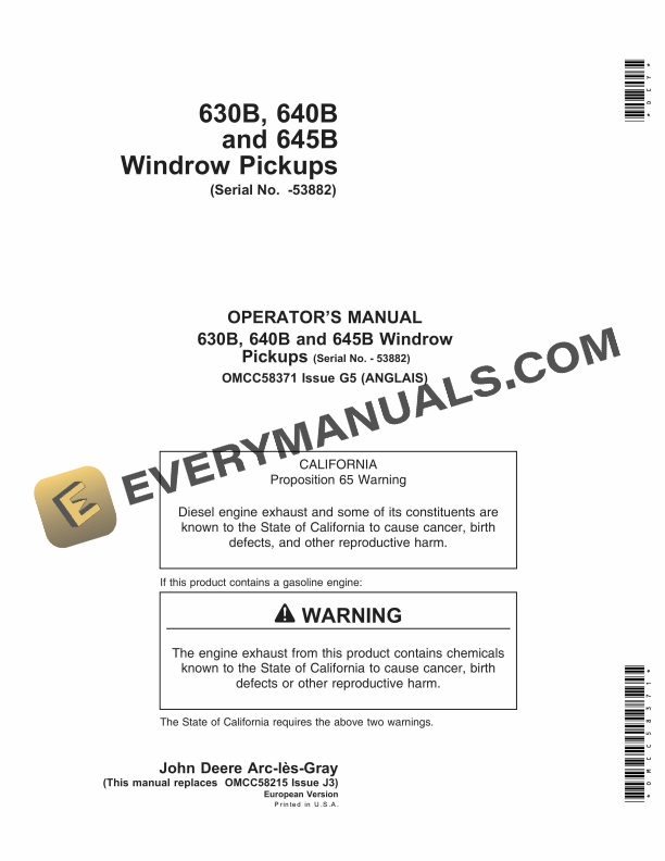 John Deere 630B, 640B, 645B Windrow Pickup Operator Manual OMCC58371