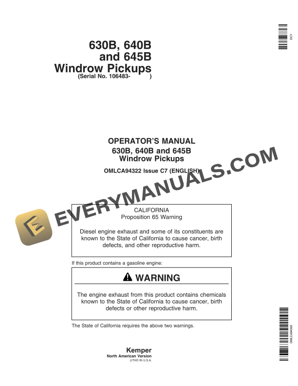 John Deere 630B, 640B, 645B Windrow Pickup Operator Manual OMLCA94322