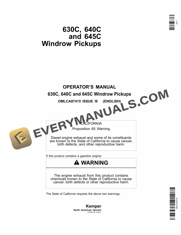 John Deere 630C 640C and 645C Windrow Pickup Operator Manual OMLCA97415 1