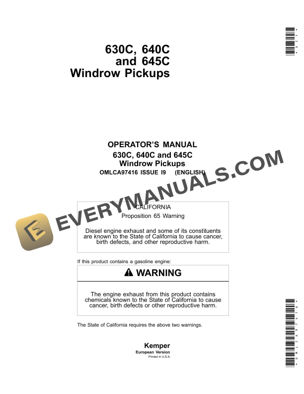 John Deere 630C, 640C, 645C Windrow Pickup Operator Manual OMLCA97416