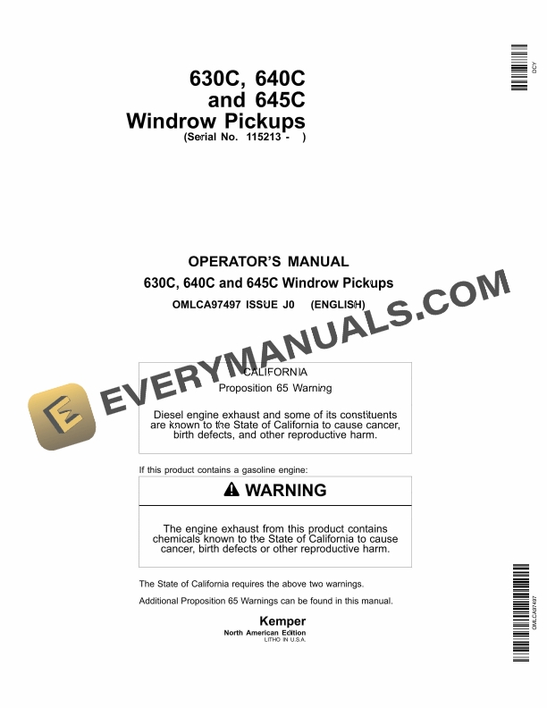 John Deere 630C, 640C, 645C Windrow Pickup Operator Manual OMLCA97497