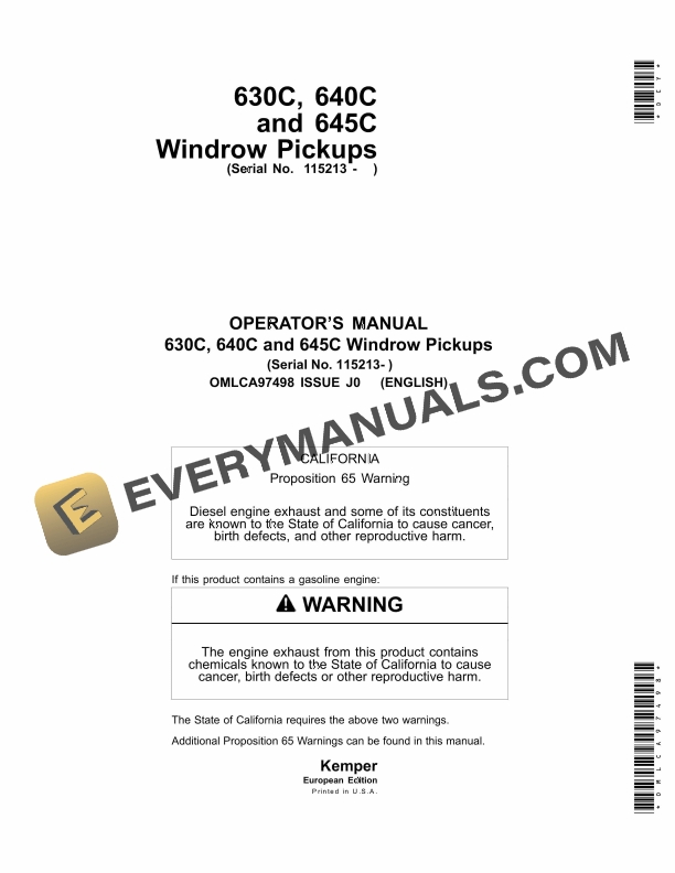 John Deere 630C 640C and 645C Windrow Pickup Operator Manual OMLCA97498 1