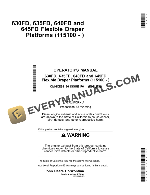 John Deere 630FD, 635FD, 640FD, 645FD Flexible Draper Platform Operator Manual OMHXE94126