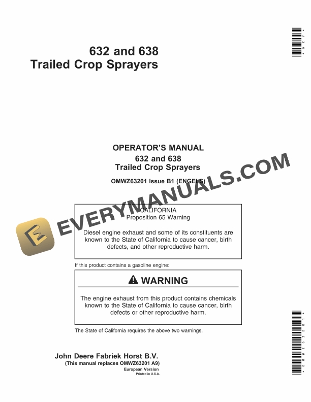 John Deere 632 and 638 Trailed Crop Sprayer Operator Manual OMWZ63201 1