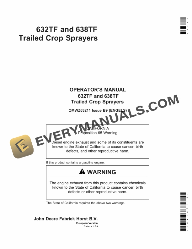 John Deere 632TF and 638TF Trailed Crop Sprayer Operator Manual OMWZ63211