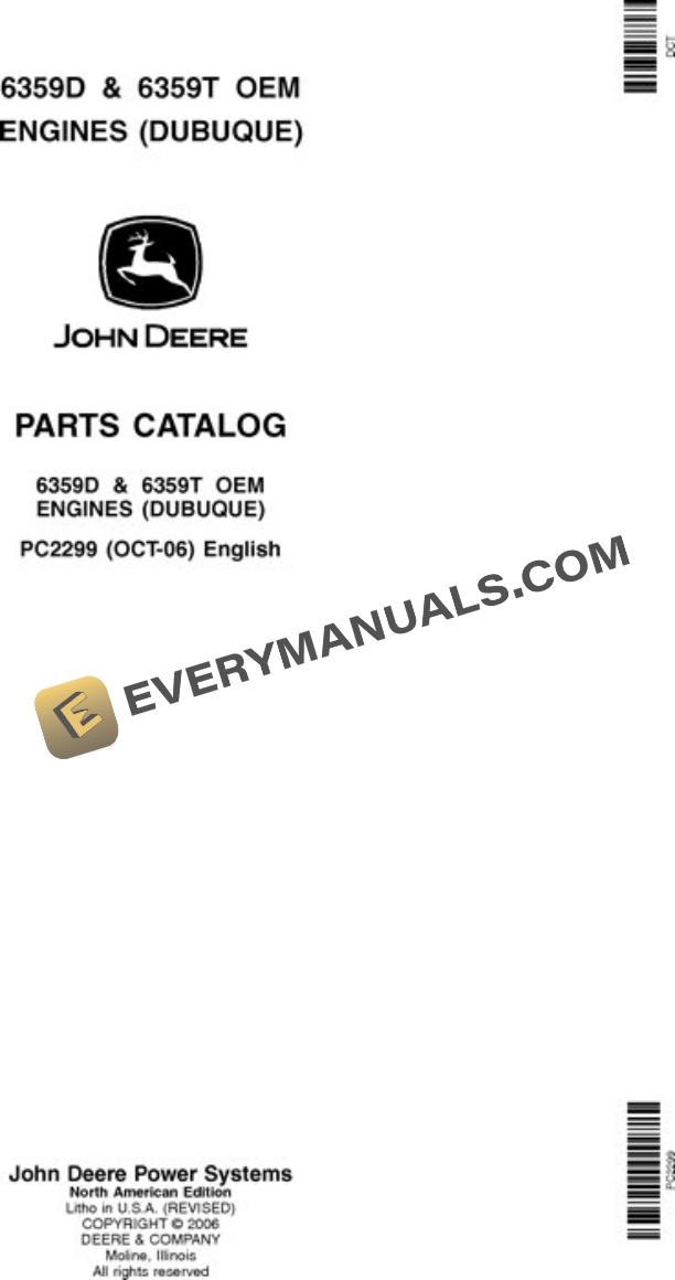 John Deere 6359 6359D 6359T Engine Parts Catalog PC2299