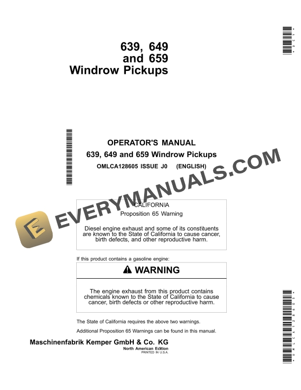 John Deere 639, 649, 659 Windrow Pickup Operator Manual OMLCA128605