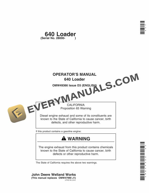 John Deere 640 Loader Operator Manual OMW49366 1