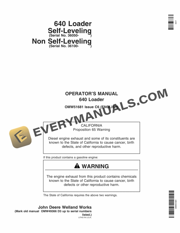 John Deere 640 Loader Operator Manual OMW51681 1