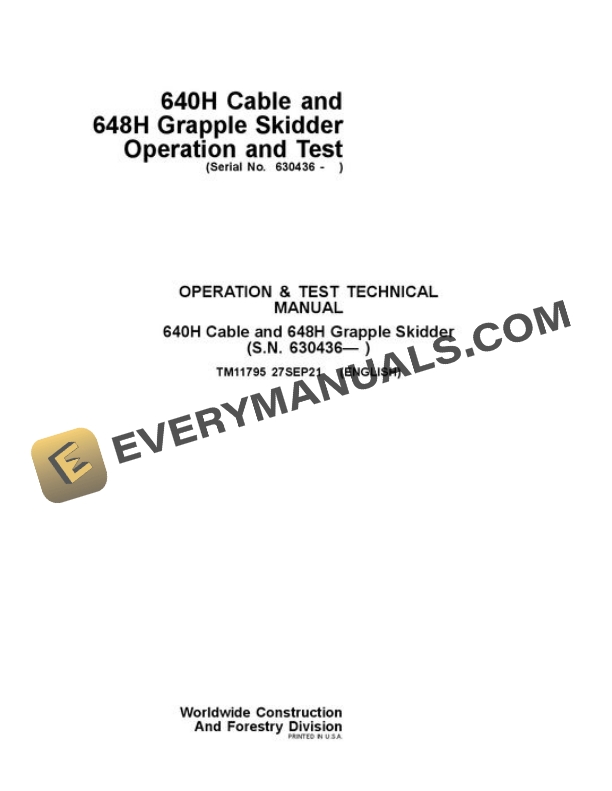 John Deere 640H 648H Skidder Test Manual TM11795