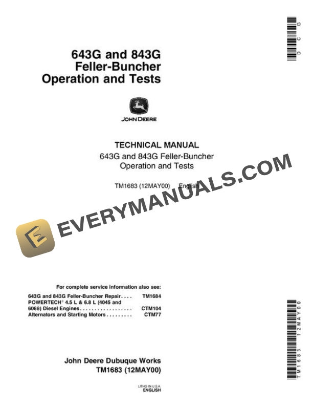 John Deere 643G 843G Wheeled Feller Buncher Test Manual TM1683