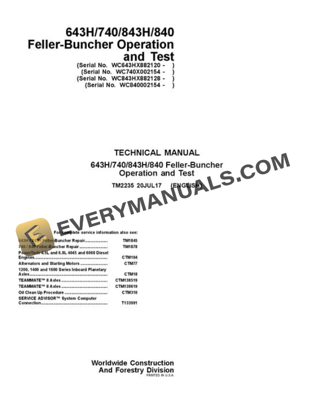 John Deere 643H 843H 740 840 Wheeled Feller Buncher Test Manual TM2235