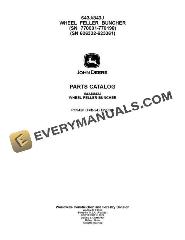 John Deere 643J 843J Wheeled Feller Buncher Parts Catalog PC9420