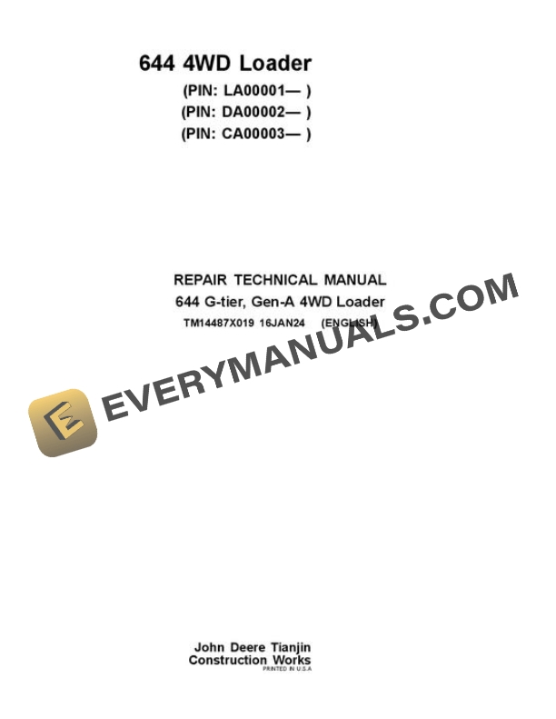 John Deere 644 G Loader Repair Manual TM14487X019