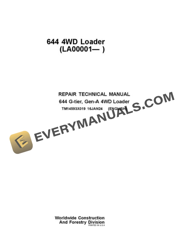 John Deere 644 G Loader Repair Manual TM14593X019