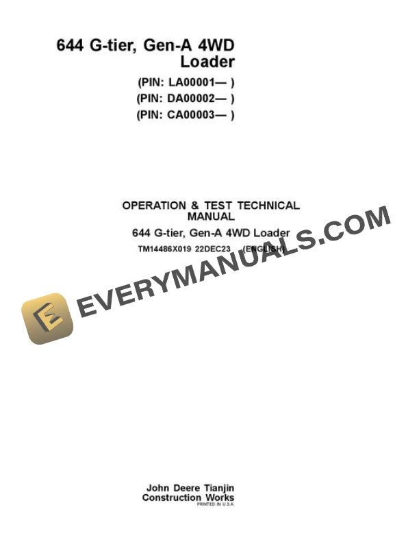 John Deere 644 G Loader Test Manual TM14486X019