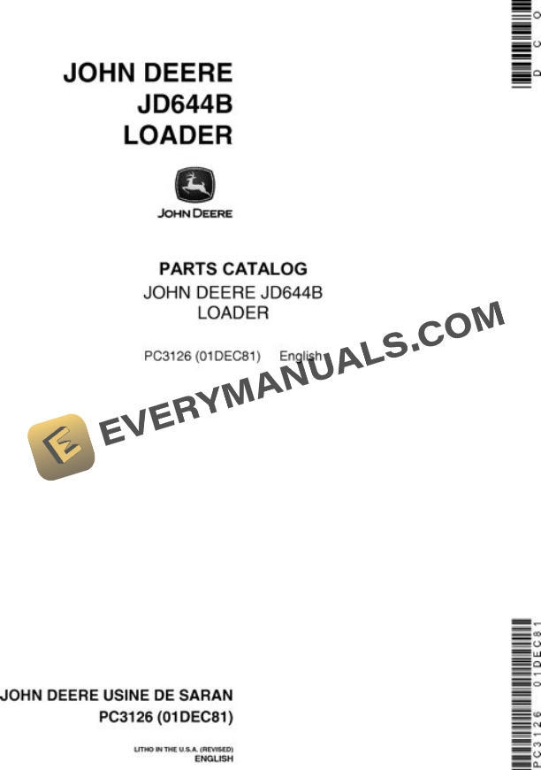 John Deere 644B Loader Parts Catalog PC3126