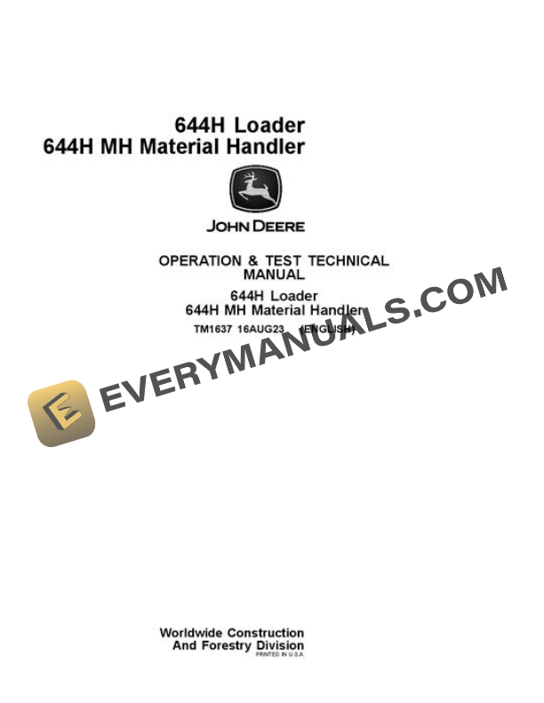 John Deere 644H 644HMH Loader Test Manual TM1637