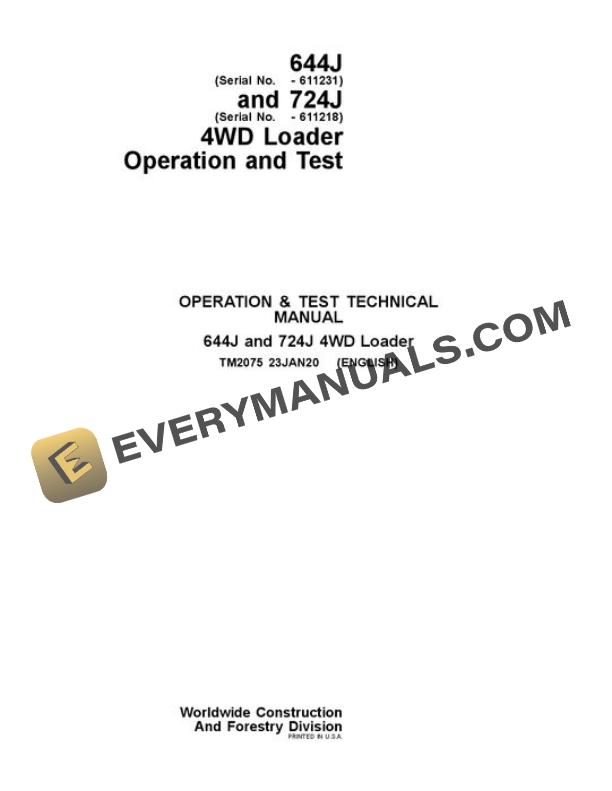 John Deere 644J 724J Loader Test Manual TM2075