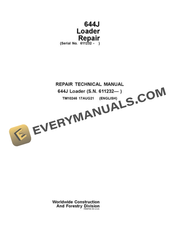 John Deere 644J Loader Repair Manual TM10246