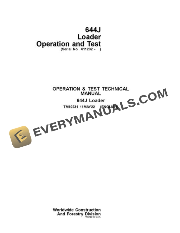 John Deere 644J Loader Test Manual TM10231