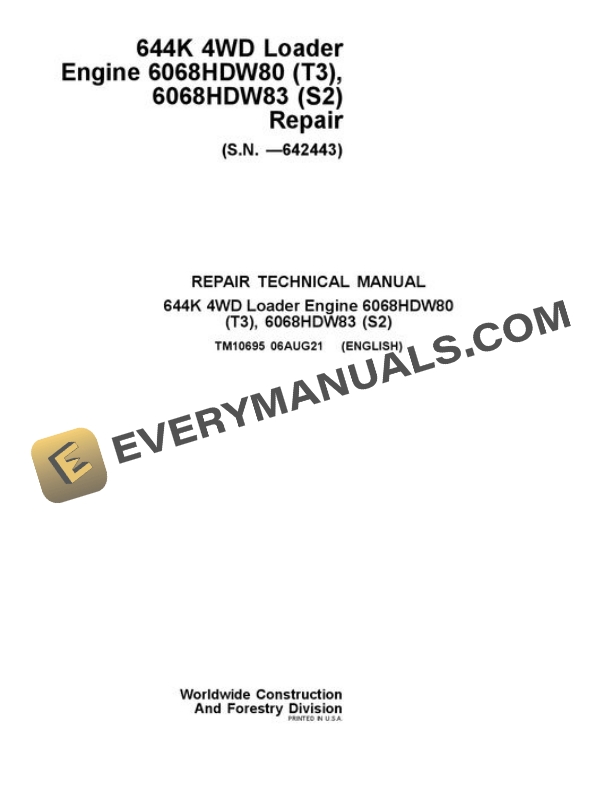 John Deere 644K Loader Repair Manual TM10695