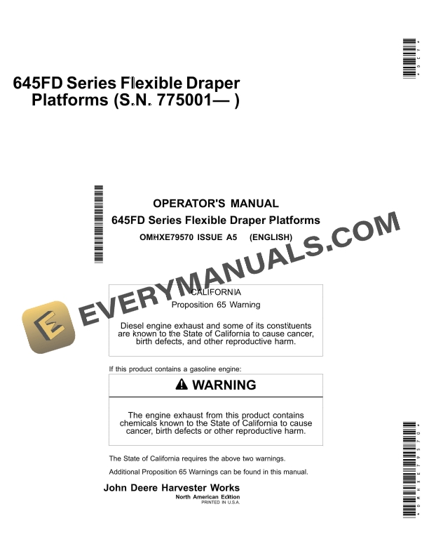 John Deere 645FD Series Flexible Draper Platform Operator Manual OMHXE79570 1