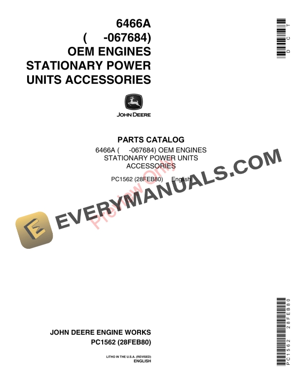John Deere 6466A (-067684) OEM Engines, Stationary Power Units, Accessories Parts Catalog PC1562 28FEB80