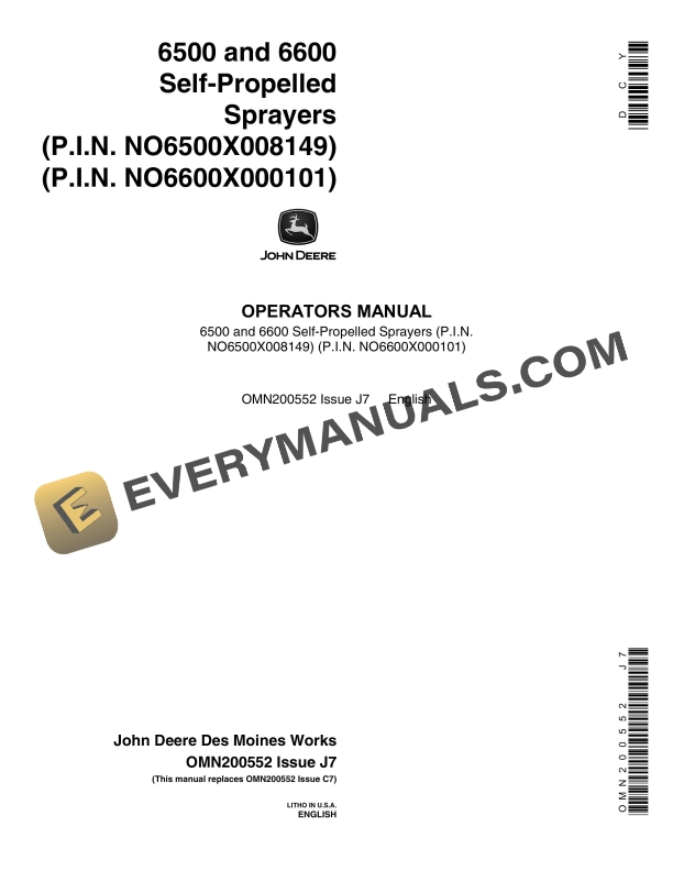 John Deere 6500 and 6600 Self Propelled Sprayer Operator Manual OMN200552 1