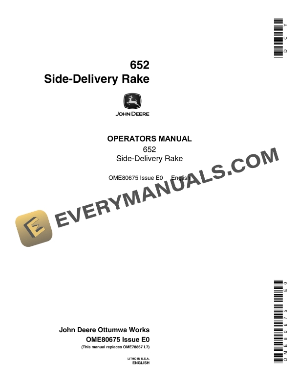 John Deere 652 Side Delivery Rakes Operator Manual OME80675 1