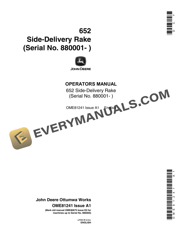 John Deere 652 Side Delivery Rakes Operator Manual OME81241 1