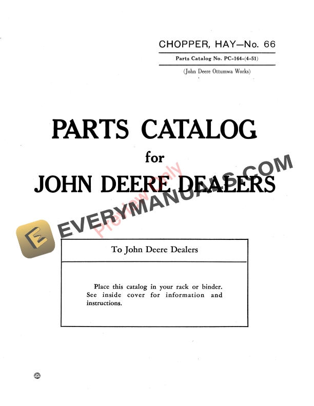 John Deere 66 Hay Chopper Parts Catalog PC164 01APR51 1