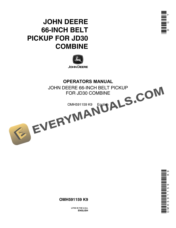 John Deere 66-Inch Belt Pickup For JD30 Combine Operator Manual OMH591159