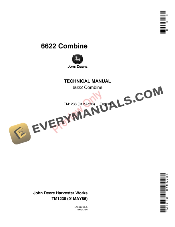John Deere 6622 Combine Technical Manual TM1238 01MAY86