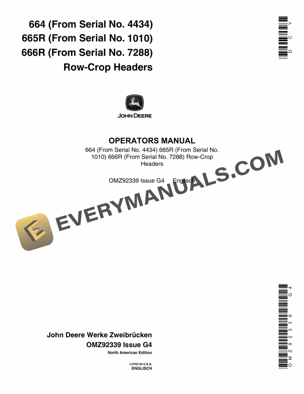 John Deere 664 665R 666R Row Crop Headers Operator Manual OMZ92339 1