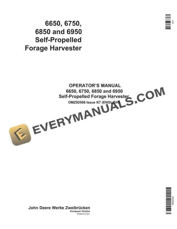 John Deere 6650, 6750, 6850, 6950 Self-Propelled Forage Harvesters Operator Manual OMZ92566