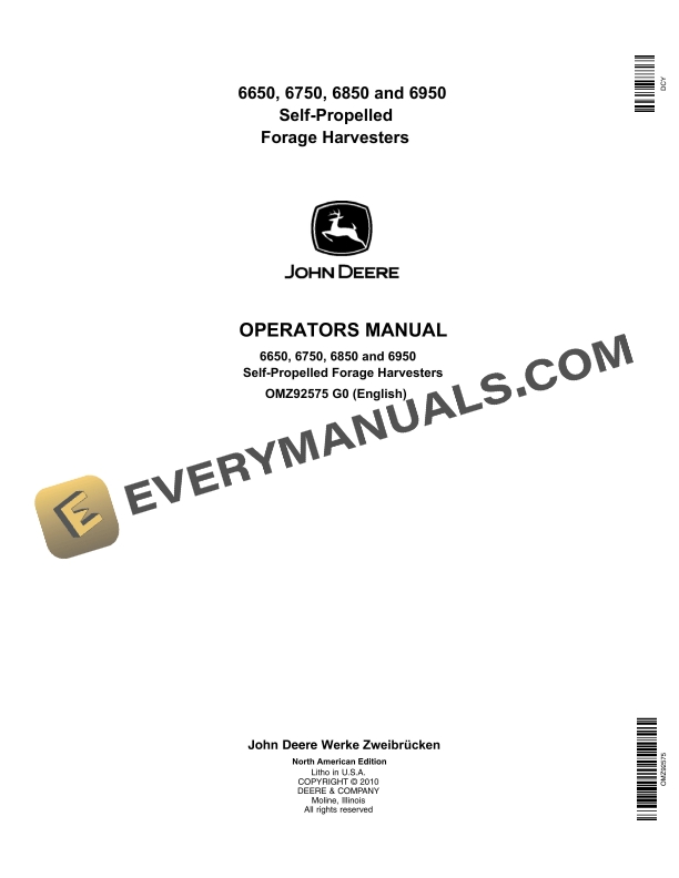 John Deere 6650, 6750, 6850, 6950 Self-Propelled Forage Harvesters Operator Manual OMZ92575
