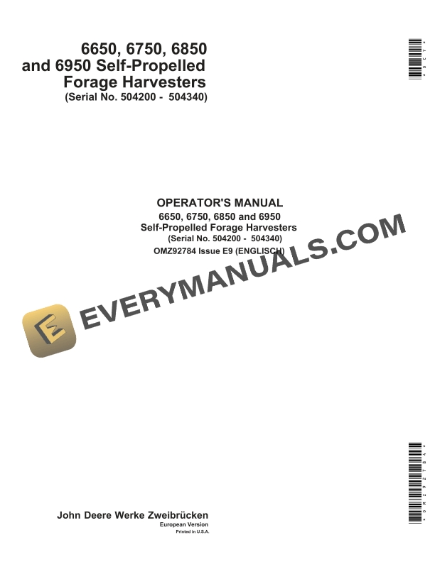 John Deere 6650, 6750, 6850, 6950 Self-Propelled Forage Harvesters Operator Manual OMZ92784