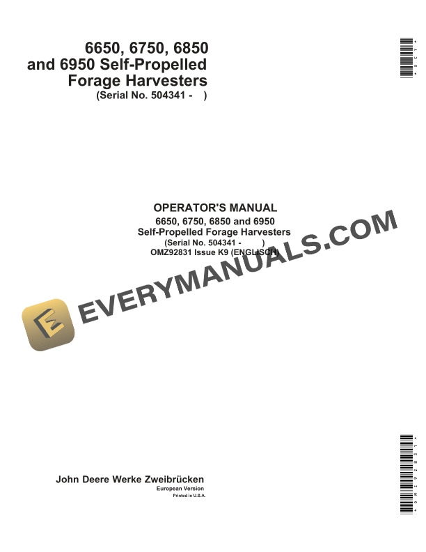 John Deere 6650, 6750, 6850, 6950 Self-Propelled Forage Harvesters Operator Manual OMZ92831