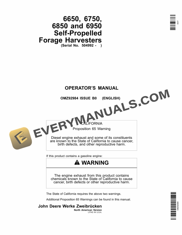 John Deere 6650 6750 6850 and 6950 Self Propelled Forage Harvesters Operator Manual OMZ92984 1