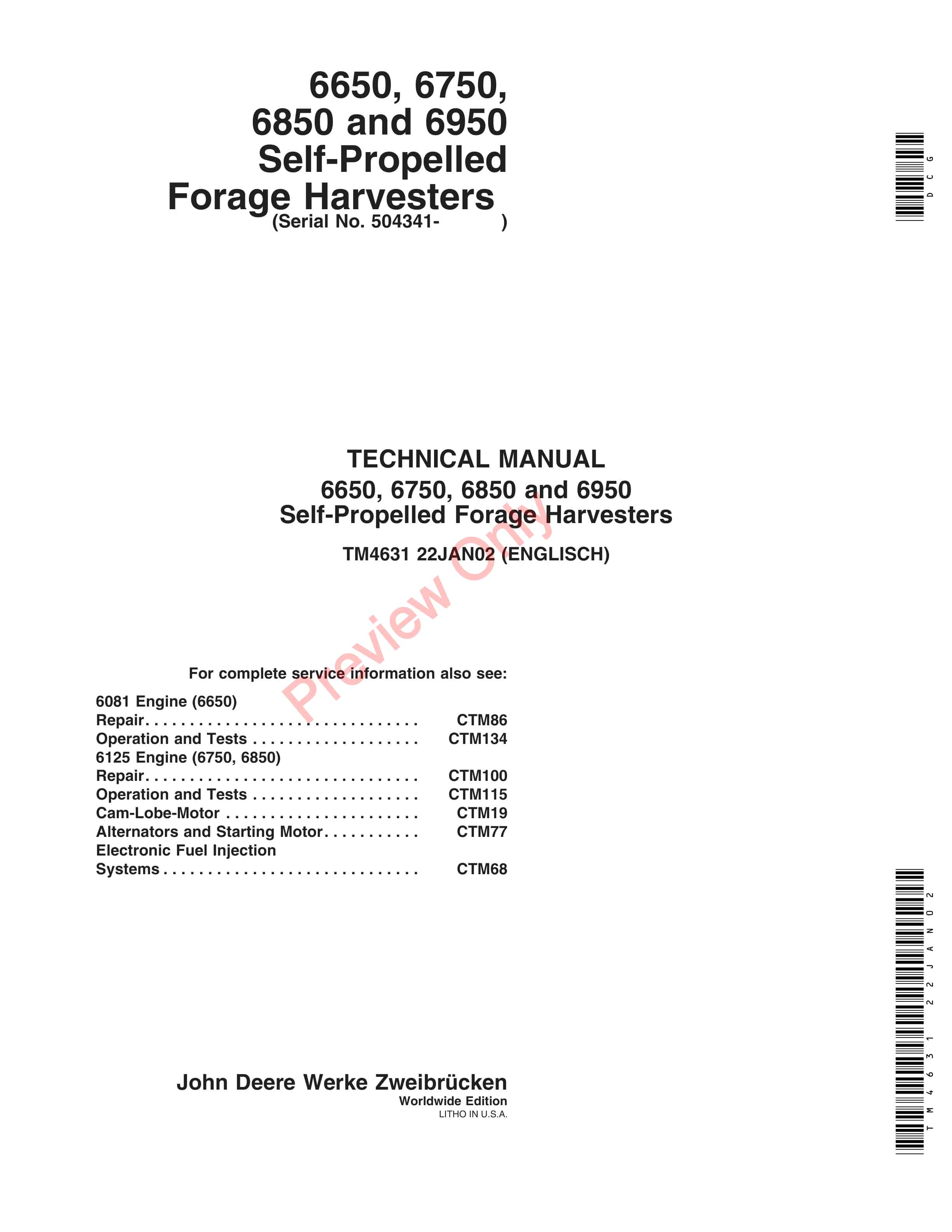 John Deere 6650 6750 6850 and 6950 Self Propelled Forage Harvesters Technical Manual TM4631 22JAN02 1
