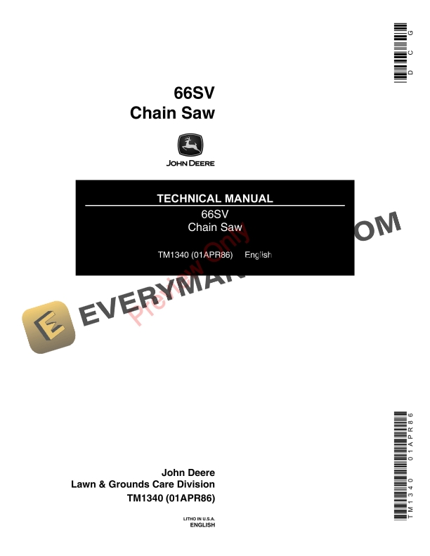 John Deere 66SV CHAIN SAW Technical Manual TM1340 01APR86