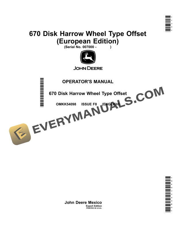 John Deere 670 Disk Harrow Wheel Type Offset Operator Manual OMKK54098