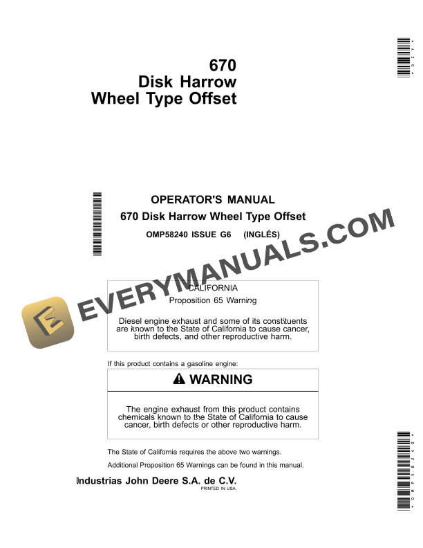 John Deere 670 Disk Harrow Wheel Type Offset Operator Manual OMP58240