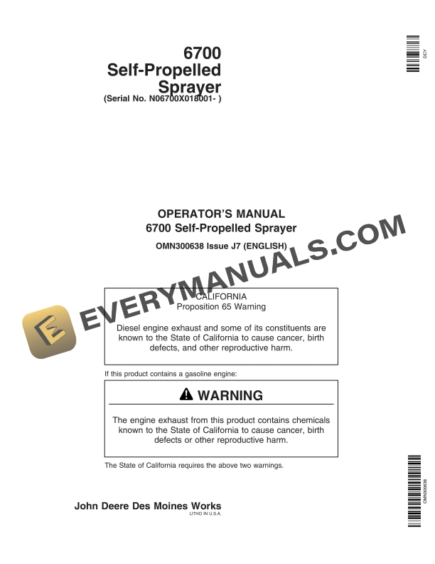 John Deere 6700 Self-Propelled Sprayer Operator Manual OMN300638