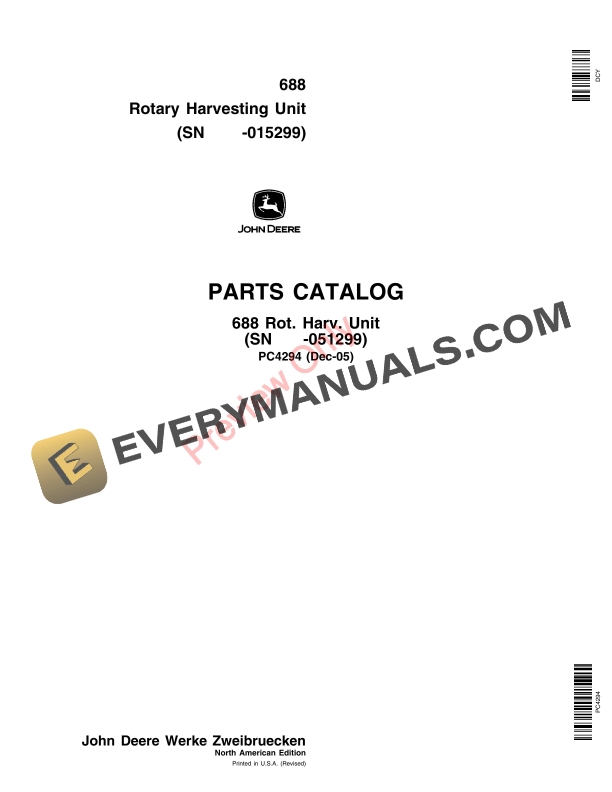 John Deere 688 Rotary Harvesting Unit 051299 Parts Catalog PC4294 08DEC05 1